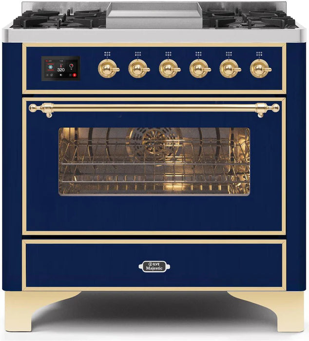 ILVE 36 Inch Majestic II Series Dual Fuel Natural Gas Range with 6 Burners and Griddle with 3.5 cu. ft. Oven Capacity TFT Oven Control Display (UM09FDNS3)