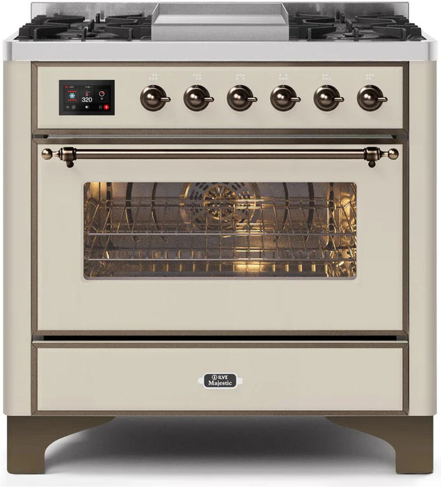 ILVE 36 Inch Majestic II Series Dual Fuel Natural Gas Range with 6 Burners and Griddle with 3.5 cu. ft. Oven Capacity TFT Oven Control Display (UM09FDNS3)
