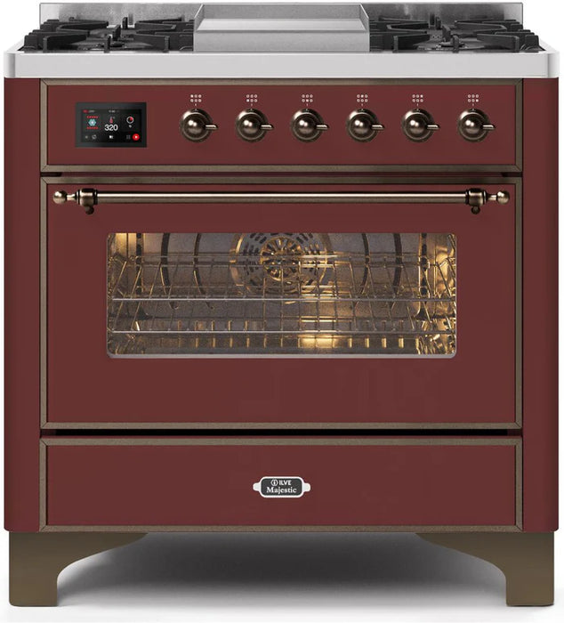 ILVE 36 Inch Majestic II Series Dual Fuel Natural Gas Range with 6 Burners and Griddle with 3.5 cu. ft. Oven Capacity TFT Oven Control Display (UM09FDNS3)
