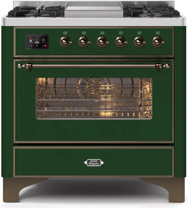 ILVE 36 Inch Majestic II Series Dual Fuel Natural Gas Range with 6 Burners and Griddle with 3.5 cu. ft. Oven Capacity TFT Oven Control Display (UM09FDNS3)