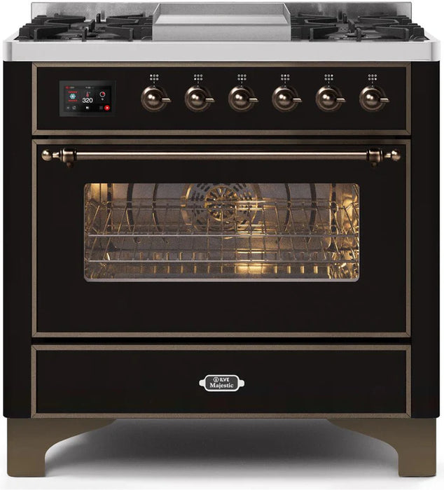ILVE 36 Inch Majestic II Series Dual Fuel Natural Gas Range with 6 Burners and Griddle with 3.5 cu. ft. Oven Capacity TFT Oven Control Display (UM09FDNS3)