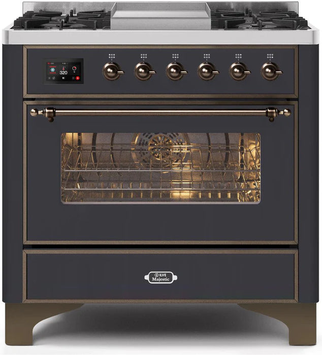 ILVE 36 Inch Majestic II Series Dual Fuel Natural Gas Range with 6 Burners and Griddle with 3.5 cu. ft. Oven Capacity TFT Oven Control Display (UM09FDNS3)