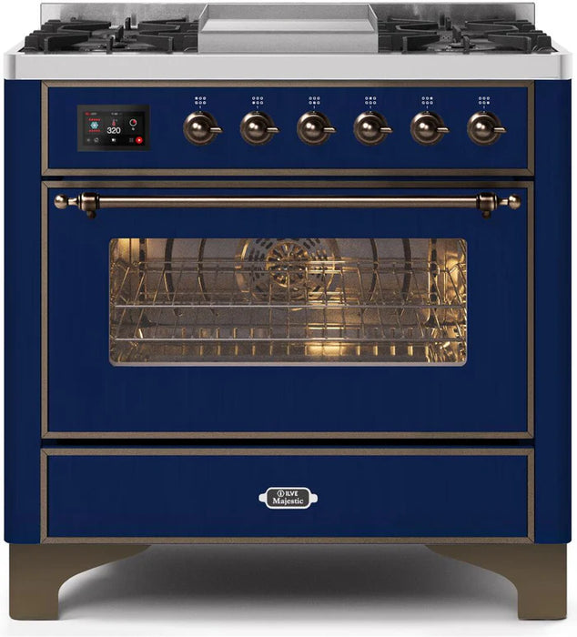 ILVE 36 Inch Majestic II Series Dual Fuel Natural Gas Range with 6 Burners and Griddle with 3.5 cu. ft. Oven Capacity TFT Oven Control Display (UM09FDNS3)