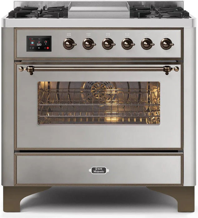 ILVE 36 Inch Majestic II Series Dual Fuel Natural Gas Range with 6 Burners and Griddle with 3.5 cu. ft. Oven Capacity TFT Oven Control Display (UM09FDNS3)