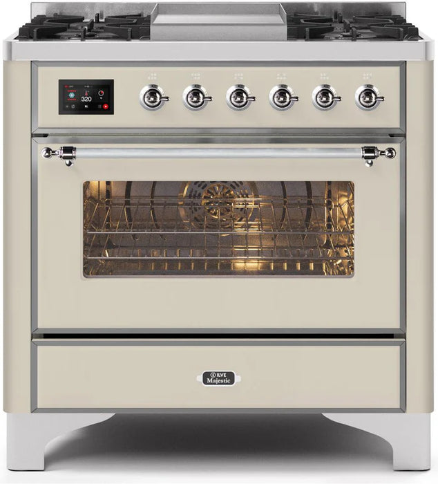 ILVE 36 Inch Majestic II Series Dual Fuel Natural Gas Range with 6 Burners and Griddle with 3.5 cu. ft. Oven Capacity TFT Oven Control Display (UM09FDNS3)