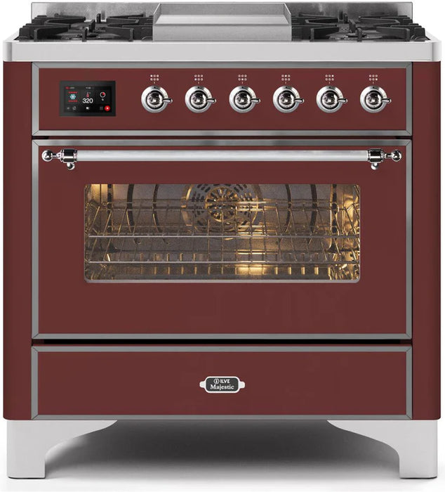 ILVE 36 Inch Majestic II Series Dual Fuel Natural Gas Range with 6 Burners and Griddle with 3.5 cu. ft. Oven Capacity TFT Oven Control Display (UM09FDNS3)