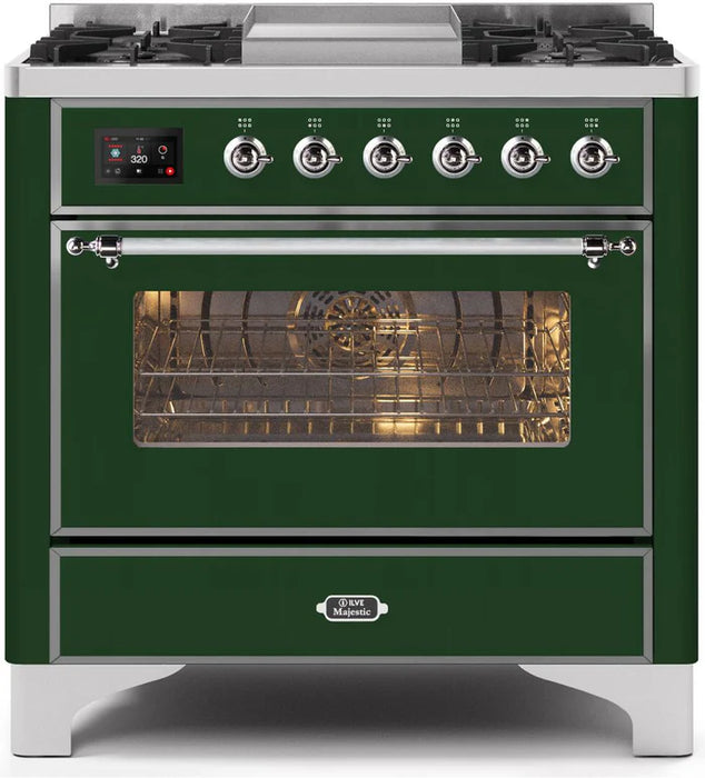 ILVE 36 Inch Majestic II Series Dual Fuel Natural Gas Range with 6 Burners and Griddle with 3.5 cu. ft. Oven Capacity TFT Oven Control Display (UM09FDNS3)