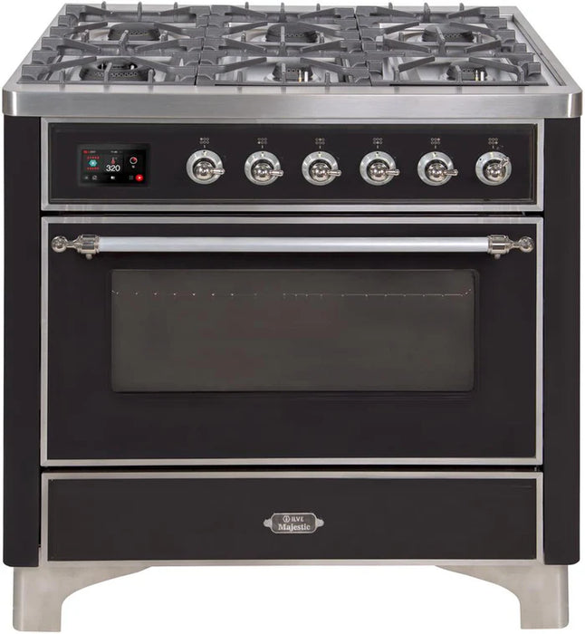 ILVE 36 Inch Majestic II Series Dual Fuel Natural Gas Range with 6 Burners and Griddle with 3.5 cu. ft. Oven Capacity TFT Oven Control Display (UM09FDNS3)