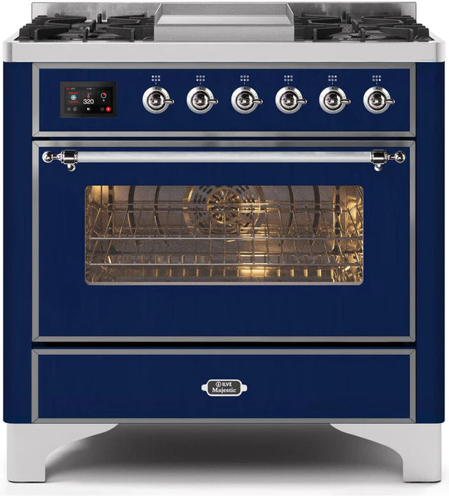 ILVE 36 Inch Majestic II Series Dual Fuel Natural Gas Range with 6 Burners and Griddle with 3.5 cu. ft. Oven Capacity TFT Oven Control Display (UM09FDNS3)