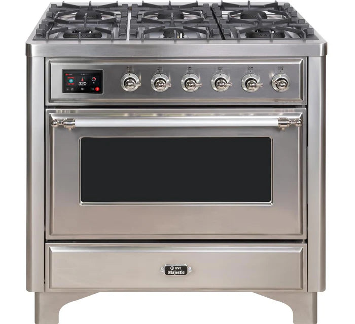 ILVE 36 Inch Majestic II Series Dual Fuel Natural Gas Range with 6 Burners and Griddle with 3.5 cu. ft. Oven Capacity TFT Oven Control Display (UM09FDNS3)