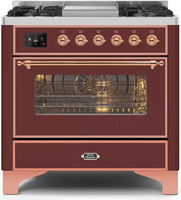 ILVE 36 Inch Majestic II Series Dual Fuel Natural Gas Range with 6 Burners and Griddle with 3.5 cu. ft. Oven Capacity TFT Oven Control Display (UM09FDNS3)