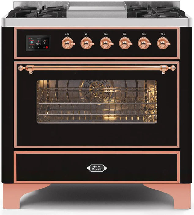 ILVE 36 Inch Majestic II Series Dual Fuel Natural Gas Range with 6 Burners and Griddle with 3.5 cu. ft. Oven Capacity TFT Oven Control Display (UM09FDNS3)