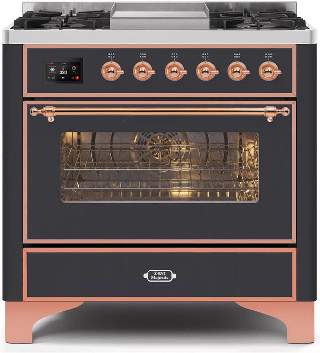 ILVE 36 Inch Majestic II Series Dual Fuel Natural Gas Range with 6 Burners and Griddle with 3.5 cu. ft. Oven Capacity TFT Oven Control Display (UM09FDNS3)