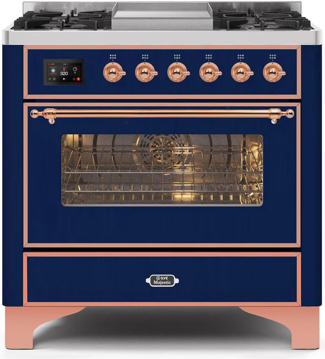 ILVE 36 Inch Majestic II Series Dual Fuel Natural Gas Range with 6 Burners and Griddle with 3.5 cu. ft. Oven Capacity TFT Oven Control Display (UM09FDNS3)