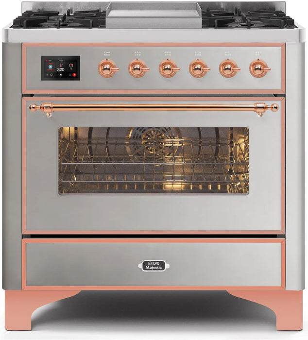 ILVE 36 Inch Majestic II Series Dual Fuel Natural Gas Range with 6 Burners and Griddle with 3.5 cu. ft. Oven Capacity TFT Oven Control Display (UM09FDNS3)