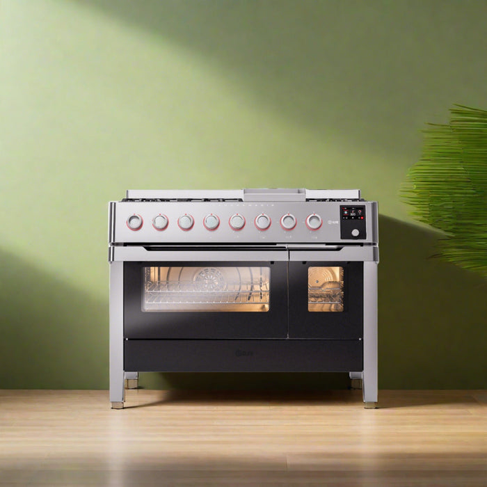 ILVE 48" Panoramagic Series Freestanding Double Oven Dual Fuel Range with 8 Sealed Burners and Griddle - UPM12FDS3