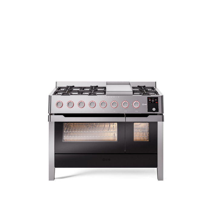ILVE 48" Panoramagic Series Freestanding Double Oven Dual Fuel Range with 8 Sealed Burners and Griddle - UPM12FDS3