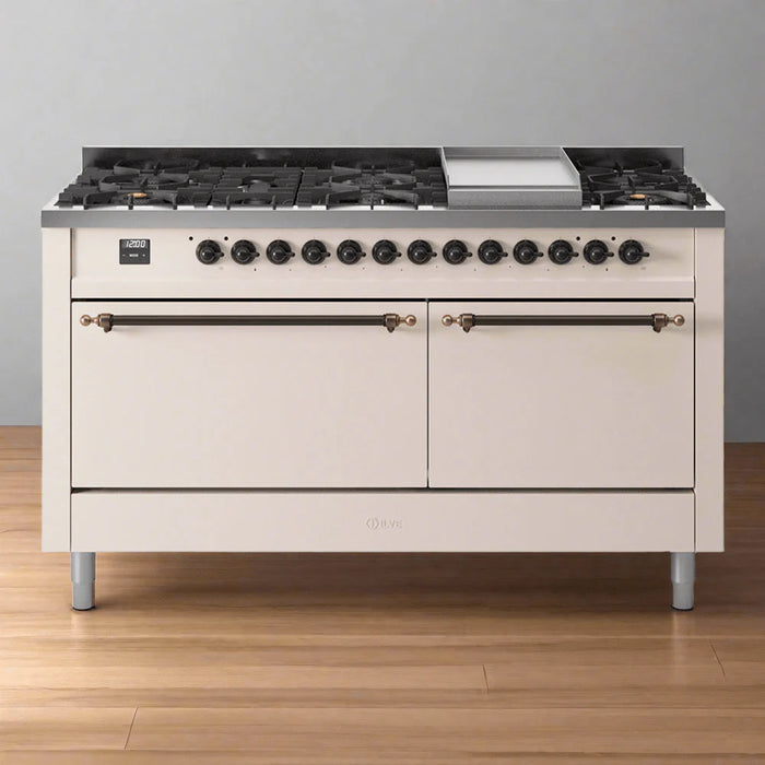 ILVE Nostalgie II 60" Dual Fuel Range with 9 Sealed Burners + Griddle Solid Door - UP60FQNMP